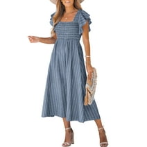 CUPSHE Women's Square Neck Striped Smocked Dress Ruffled Cap Sleeves Dress A Line Maxi Formal Dress