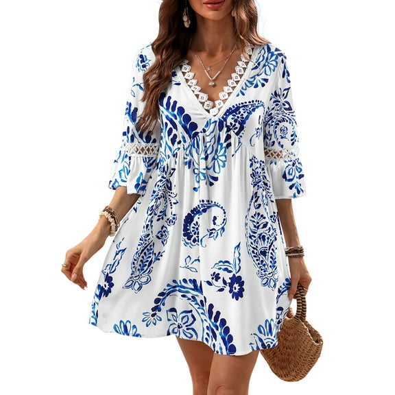 CUPSHE Women's V Neck Lace Trim Dress Cover Up 3/4 Sleeve Ruffled Cuffs Empire Waist Mini Summer Dresses Cover Ups
