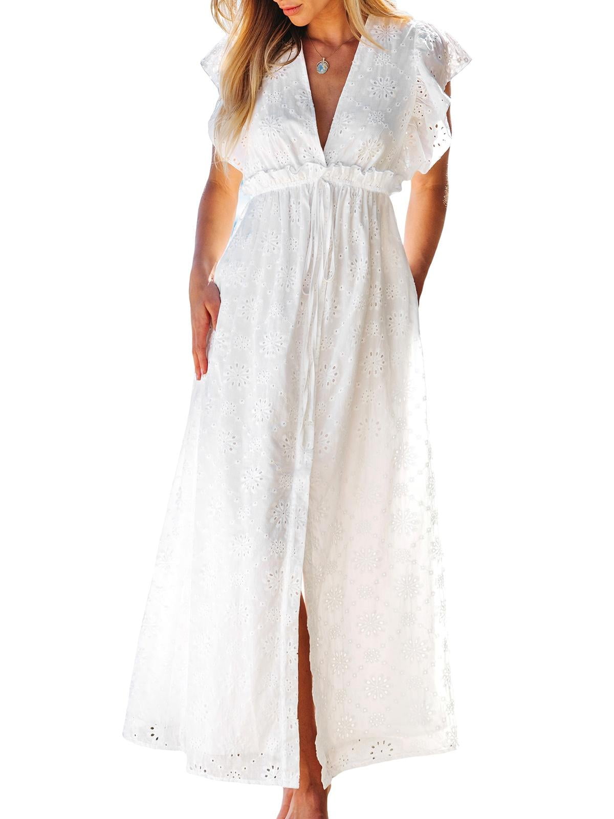 CUPSHE Women's White Eyelet Dress Plunging Short Flutter Sleeves Empire