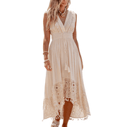 CUPSHE Women's Woven Dress Plunging Neckline with Fringe & Tassel Trim Sleeveless Smocked Waist with Tassel Tie Lace Hem with Tassel Accents Midi Length