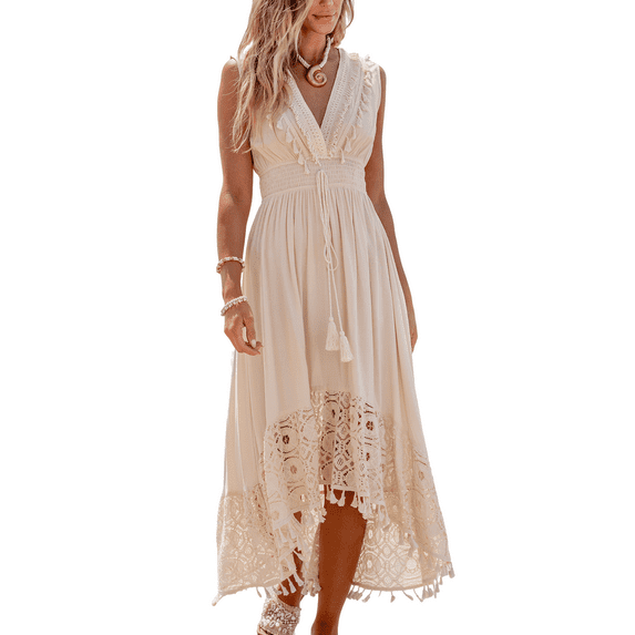 CUPSHE Women's Woven Dress Plunging Neckline with Fringe & Tassel Trim Sleeveless Smocked Waist with Tassel Tie Lace Hem with Tassel Accents Midi Length