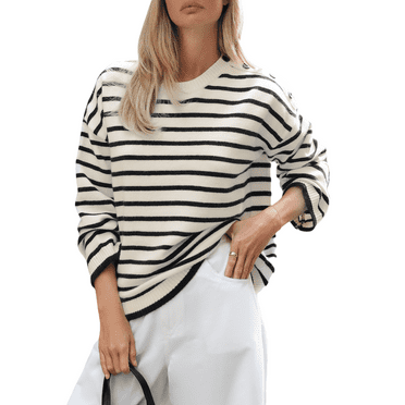CUPSHE Womens 2024 Long Sleeve Sweaters Casual Crew Neck Striped Oversized Knit Pullover Sweater Tops, XS-XL