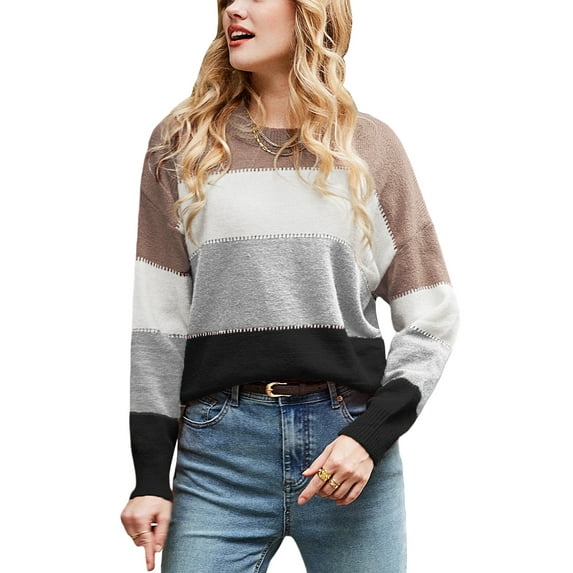 CUPSHE Womens Color Block Crewneck Long Sleeves Ribbed Knit Pullover Sweater Tops