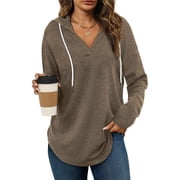 Sweatshirt for Women V Neck Casual Soft Hoodie Lightweight Comfort Long Sleeve Tops Fall Clothes Coffee M