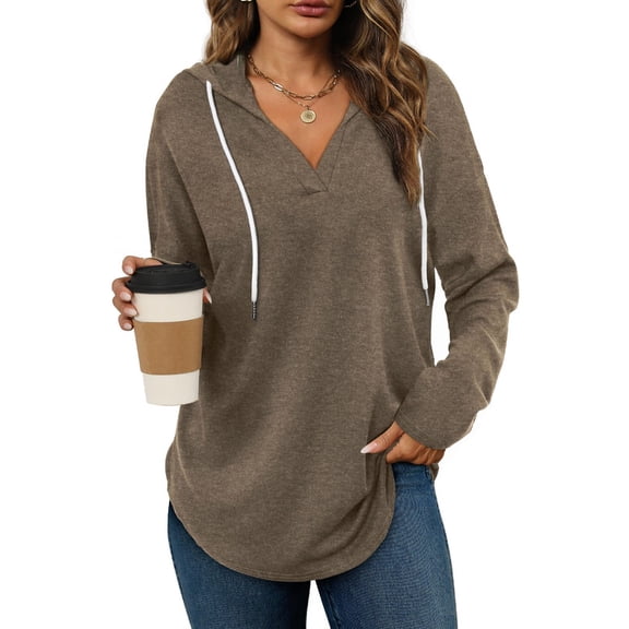 CUPTACC Sweatshirt for Women V Neck Casual Soft Hoodie Lightweight Comfort Long Sleeve Tops Fall Clothes Coffee XL