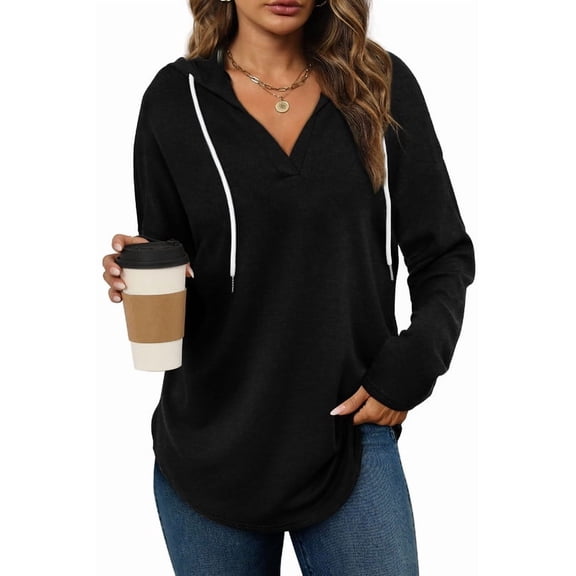 CUPTACC Womens Hoodies V Neck Casual Sweatshirt Soft Oversized Long Sleeve Tops Fall Trendy Loose Fit Black L