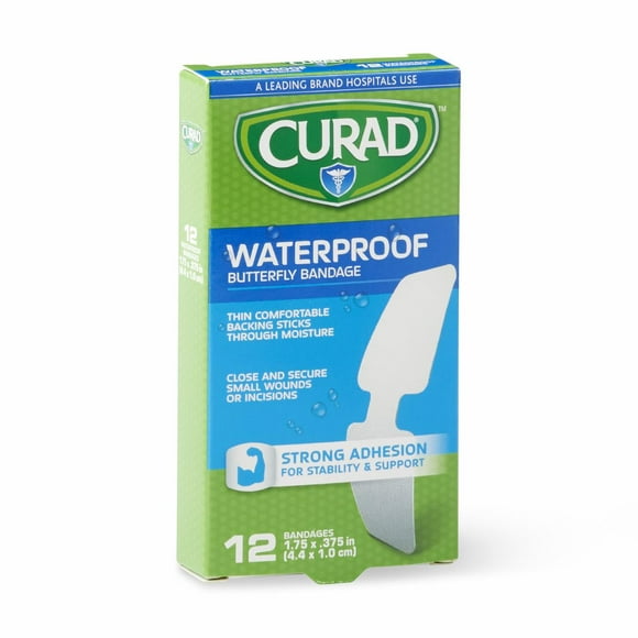 CURAD Butterfly Closure Waterproof Adhesive Bandages, 1-3/4" x 3/8", Ideal for Wound Care, Box of 12