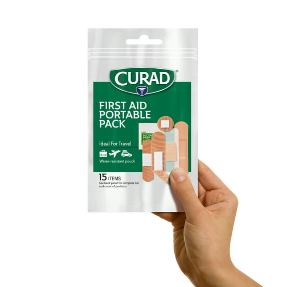 CURAD Frist Aid Portable Pack | 15 - Count On-the-Go Essentials | 12 Packs