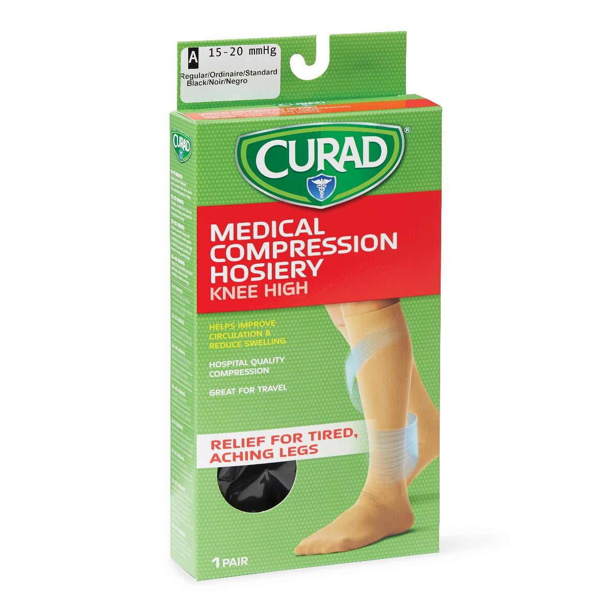 CURAD Knee-High Compression Hosiery with 15-20 mmHg, Black, Size A, Regular Length, 1 Pair