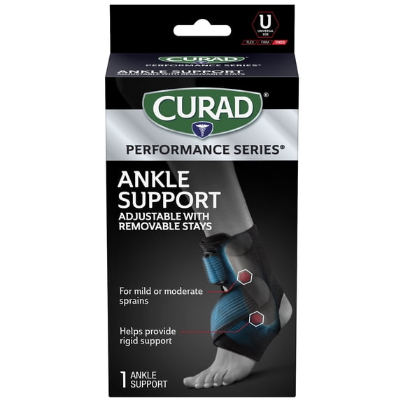 CURAD Performance Series Ankle Support, Adjustable with Removable Stays, Universal Fit for Mild or Moderate Sprains