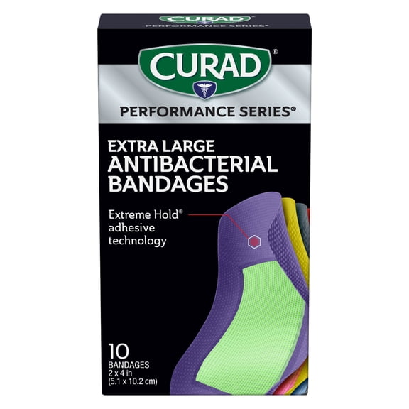CURAD® Performance Series® Antibacterial Bandages, Extreme Hold Adhesive Technology, Extra Large Flexible Fabric Bandages, Assorted Colors, 2 in x 4 in, Box of 10