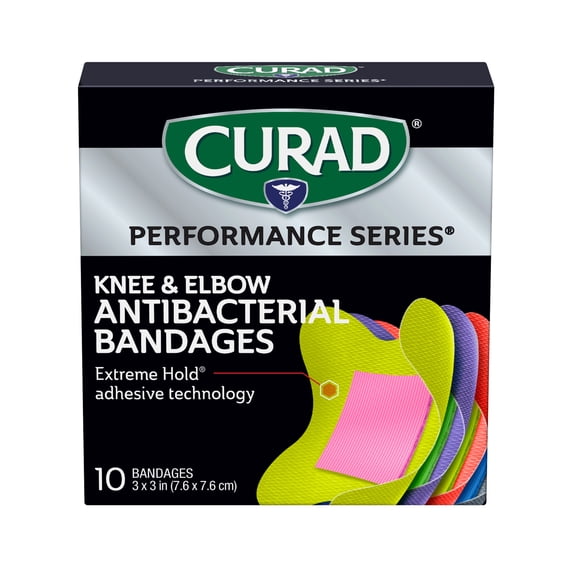 CURAD® Performance Series® Antibacterial Bandages, Elbow/Knee, 6 Assorted Colors, 3 in x 3 in, 10 Count