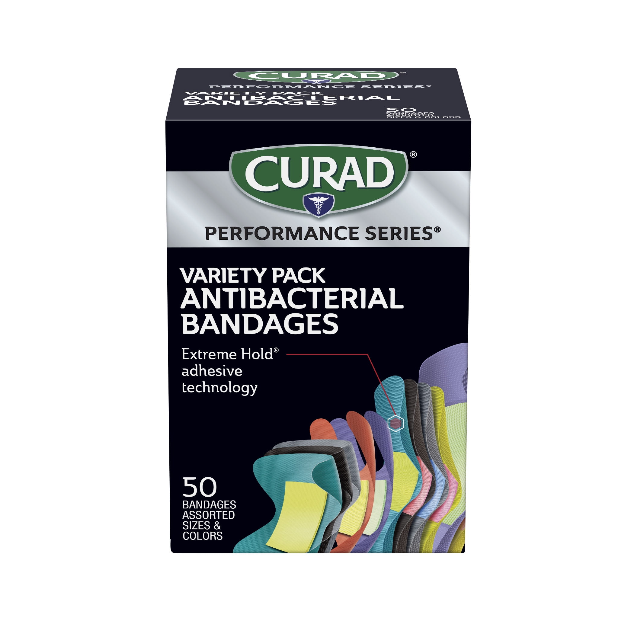 CURAD Performance Series Antibacterial Bandages, Extreme Hold, Assorted Sizes & Colors, 50 Count