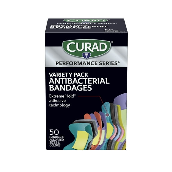 CURAD Performance Series Antibacterial Bandages, Extreme Hold, Assorted Sizes & Colors, 50 Count