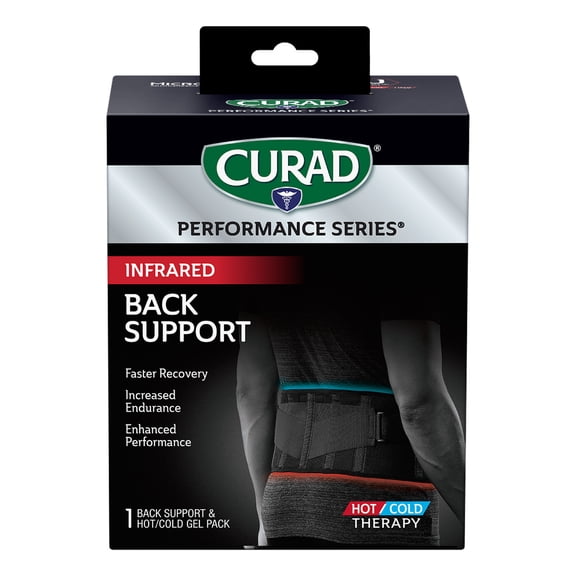 CURAD® Performance Series® Infrared Back Support with Hot/Cold Therapy, Adjustable Elastic Back Brace with Removable Reusable Gel Compress for Pain Management