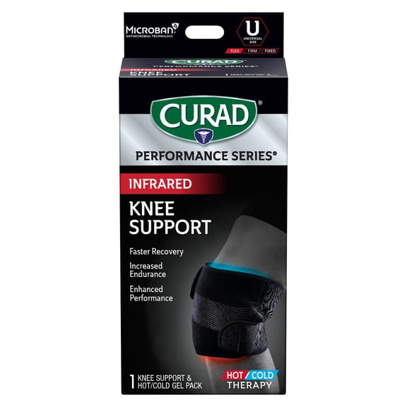 CURAD Performance Series Infrared Knee Support with Hot/Cold Therapy, Adjustable Elastic Knee Brace with Removable Reusable Gel Compress
