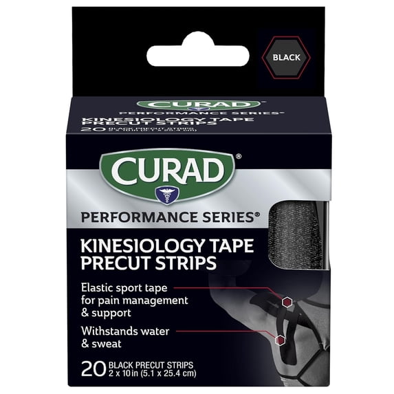 CURAD Kinesiology Tape, Performance Series, Pain Management, Sweat & Water-Resistant, Compression Support, 2 x 10 inches, 20 Strips