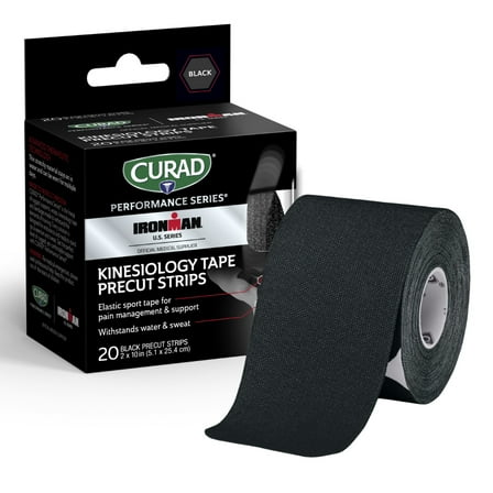 CURAD Performance Series IRONMAN Kinesiology Tape, Pain Management Technology, Sweat & Water-Resistant Athletic Tape, Compression Support for Joints & Muscles, Black, 2 x 10 inches, 1 Roll(20 Strips)