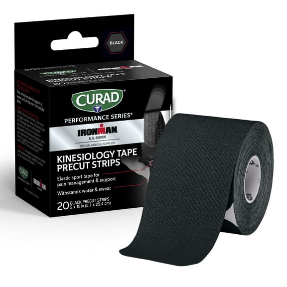 CURAD Performance Series IRONMAN Kinesiology Tape, Pain Management Technology, Sweat & Water-Resistant Athletic Tape, Compression Support for Joints & Muscles, Black, 2 x 10 inches, 1 Roll(20 Strips)