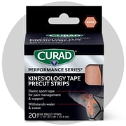 CURAD Performance Series Kinesiology Tape, Pain Management Technology, Sweat & Water-Resistant Athletic Tape, Compression Support for Joints & Muscles, Beige, 2 x 10 inches, 1 Roll (20 Strips)