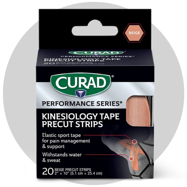 CURAD Performance Series Kinesiology Tape, Pain Management Technology, Sweat & Water-Resistant Athletic Tape, Compression Support for Joints & Muscles, Beige, 2 x 10 inches, 1 Roll (20 Strips)