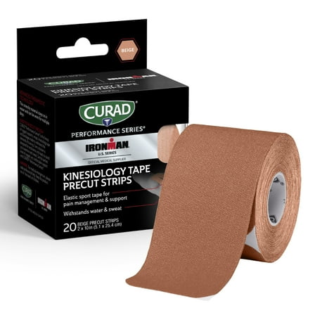 CURAD Performance Series IRONMAN Kinesiology Tape, Pain Management Technology, Sweat & Water-Resistant Athletic Tape, Compression Support for Joints & Muscles, Beige, 2 x 10 inches, 1 Roll(20 Strips)