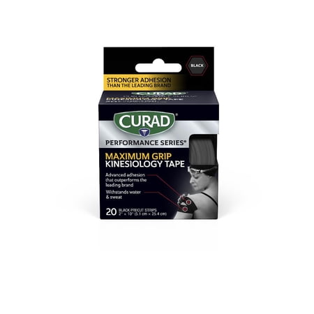 CURAD® Performance Series® Maximum Grip Kinesiology Tape, Black, 2 in x 10 in, 20 Precut Strips (1 Roll)