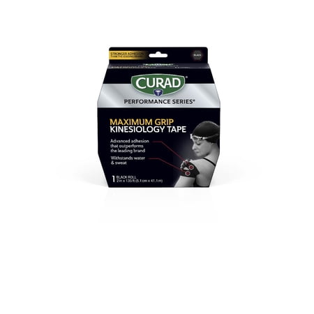 CURAD® Performance Series® Maximum Grip Kinesiology Tape, Cotton Elastic Compression Support for Joints & Muscles, Black, 2 in x 135 feet (1 Roll)