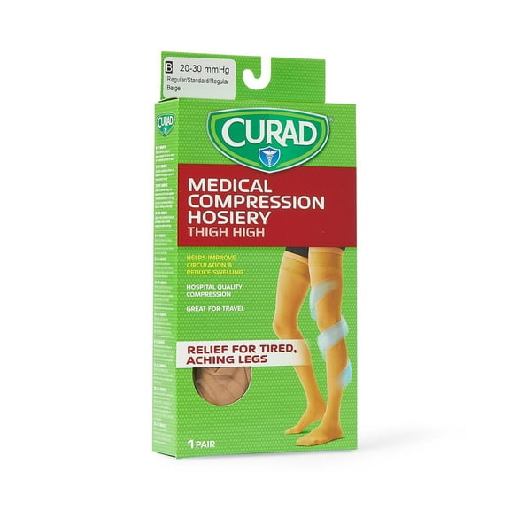 CURAD Thigh-High Compression Hosiery with 20-30 mmHg, Tan, Size B, 1 Pair