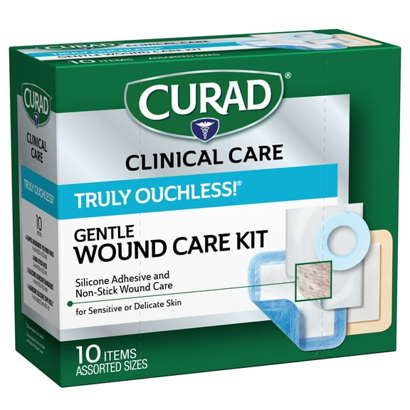CURAD Truly Ouchless! Gentle Wound Care Kit, Assorted Pack of Bandages, Pads and Tape, 10 Count