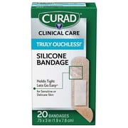 CURAD  Truly Ouchless!  Silicone Bandages, 0.75 in x 3 in, For Sensitive or Delicate Skin, Flexible Fabric, Protects Scrapes, Cuts and Burns, 20 Count