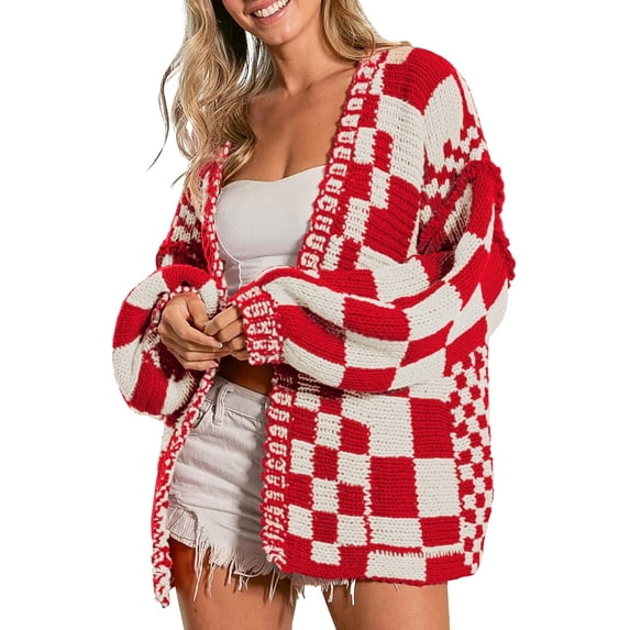 CURBODO Women's Christmas Vintage Checkered Cardigan Sweater Soft Chunky Knit Open Front Outerwear