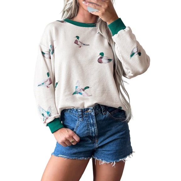 CURBODO Women's Mallard Duck Print Lightweight Sweatshirt Ribbed Crewneck Pullover
