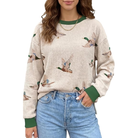 CURBODO Women's Mallard Duck Print Lightweight Sweatshirt Ribbed Crewneck Pullover