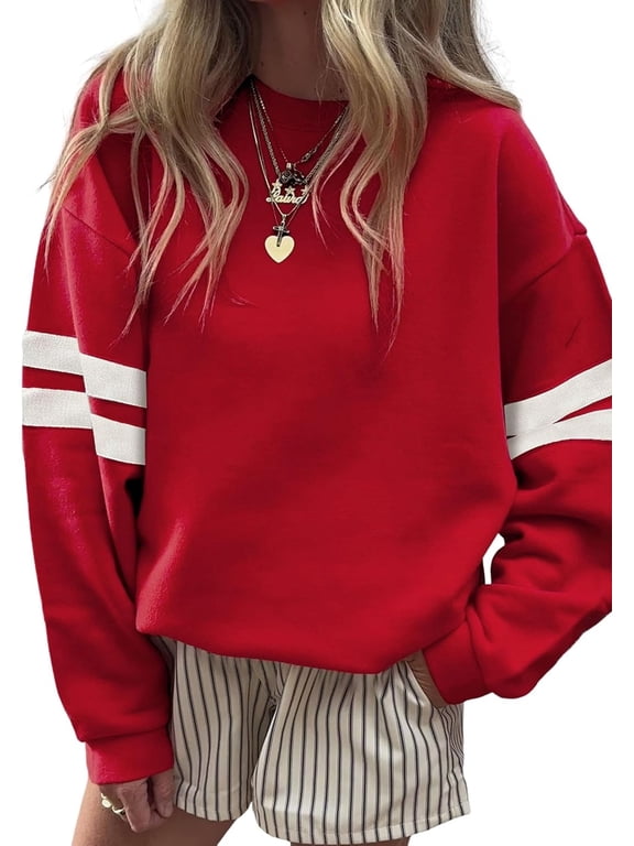 Women's Striped Varsity Sweatshirt Oversized Long Sleeve Crewneck Pullover Fall Casual Tops