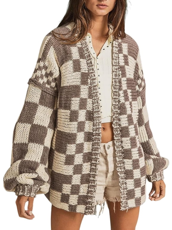 Women's Vintage Checkered Cardigan Sweater Soft Chunky Knit Open Front Outerwear