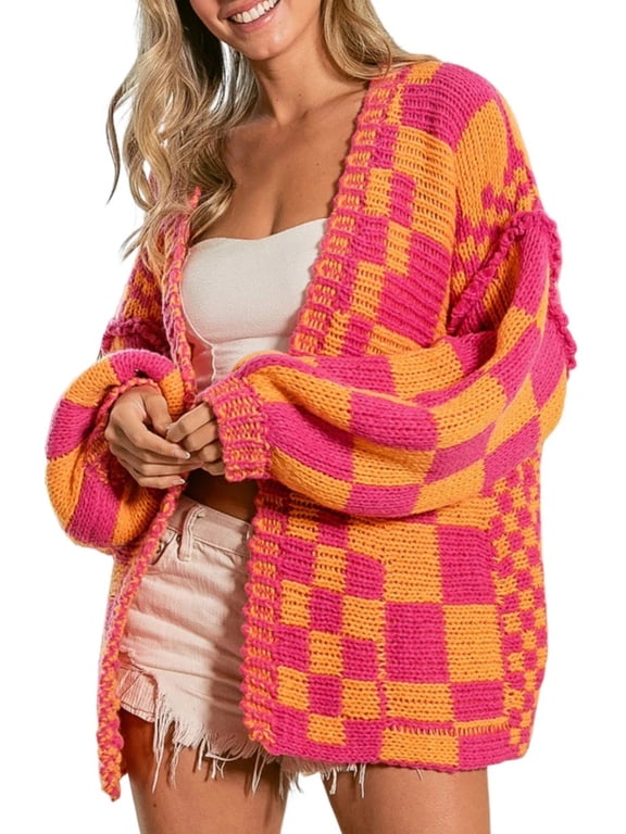 Women's Vintage Checkered Cardigan Sweater Soft Chunky Knit Open Front Outerwear