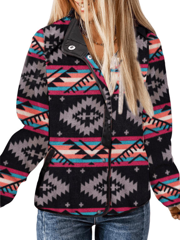 Women's Western Aztec Print Sherpa Fleece Shacket Snap Button Down Jacket with Pockets