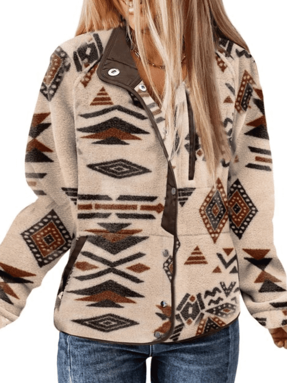Women's Western Aztec Print Sherpa Fleece Shacket Snap Button Down Jacket with Pockets