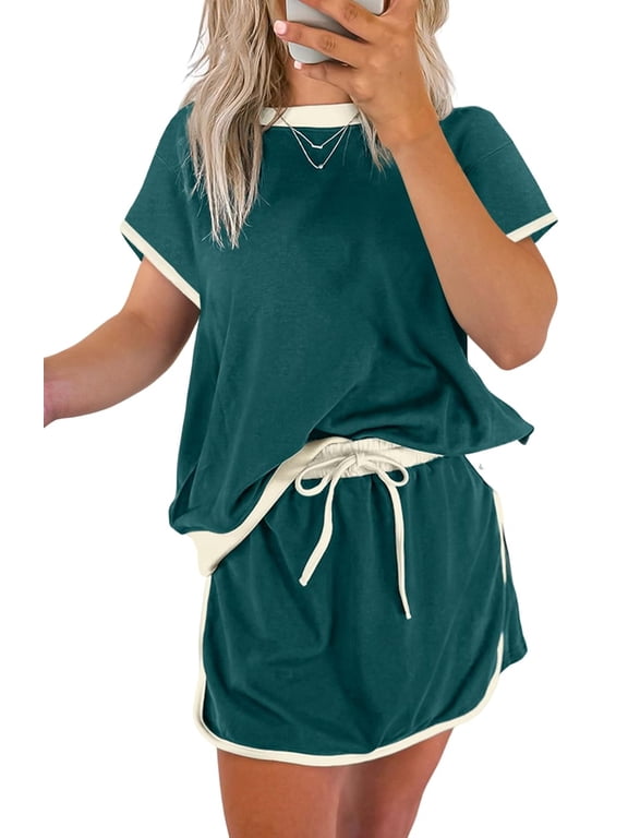 Womens 2 Piece Skort Set Color Block Short Sleeve Drop Shoulder Top Matching Drawstring Skirt Casual Lounge Summer Tracksuits Outfit