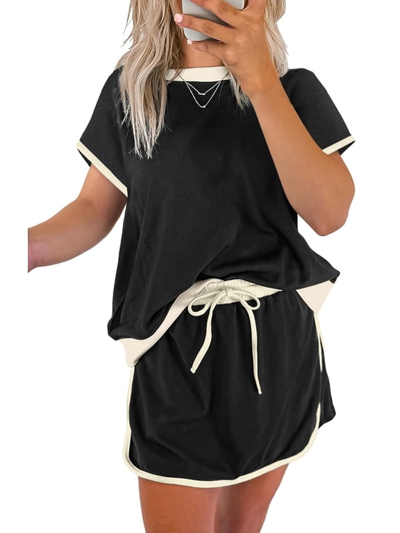 Womens 2 Piece Skort Set Color Block Short Sleeve Drop Shoulder Top Matching Drawstring Skirt Casual Lounge Summer Tracksuits Outfit