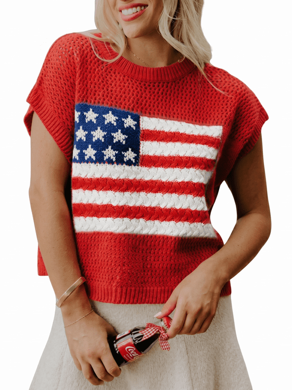Womens American Flag Graphic Pullover Sweater Crochet Knit Tops Summer Cap Sleeve Crew Neck Patriotic Shirts for 4th of July Holiday