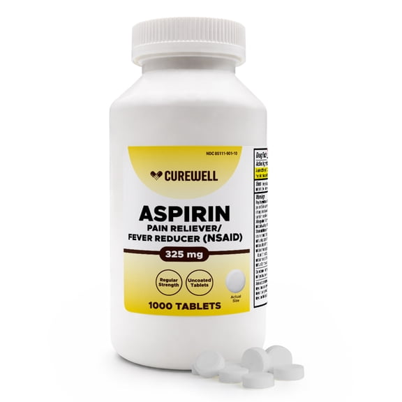 CUREWELL Aspirin 325 mg Pain Reliever/Fever Reducer (NSAID) – 1000 Uncoated Tablets | Regular Strength | Single-Active Ingredient Formula | for Headache Arthritis Menstrual & Muscle Pain