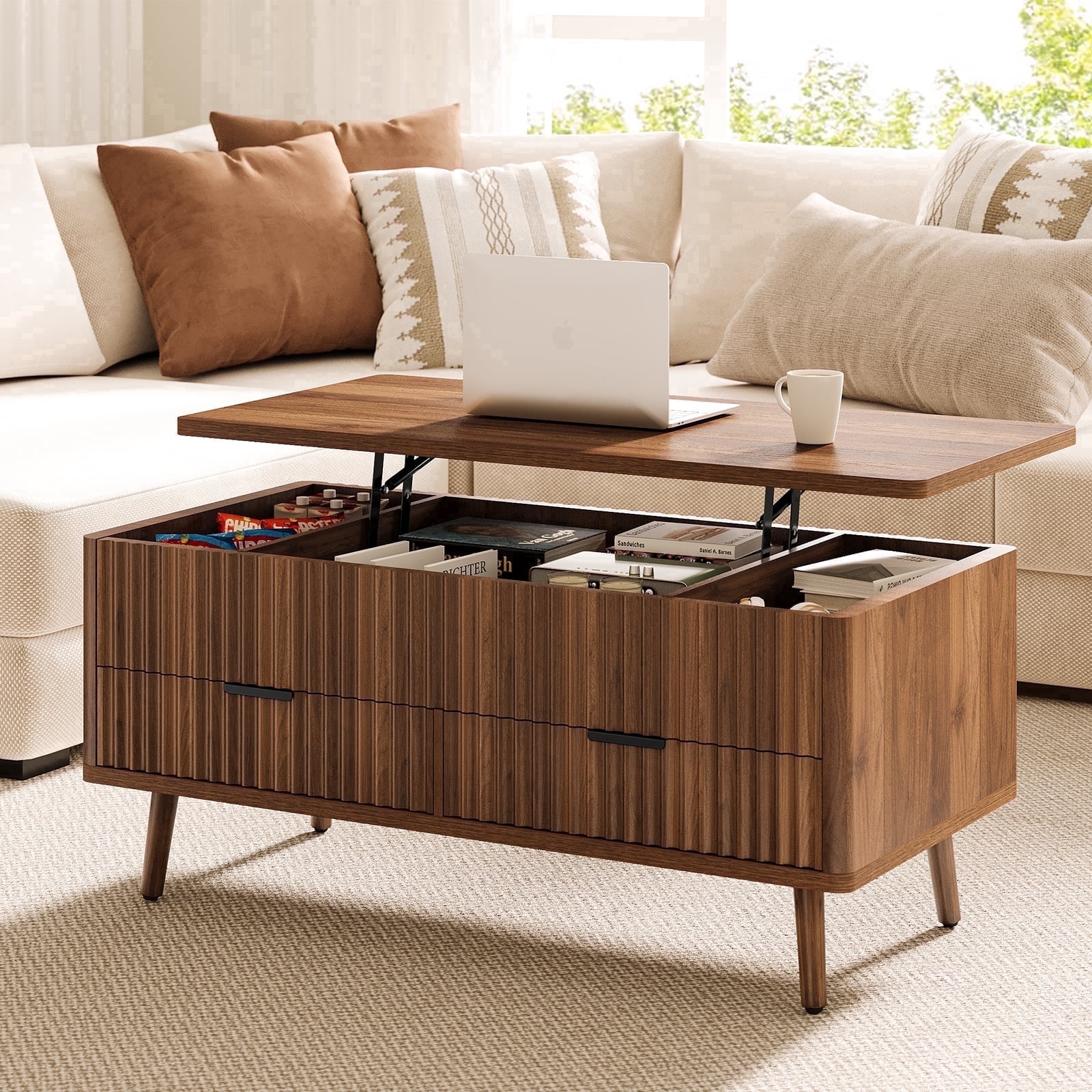 HIPPIY Co.ltd CURLA Lift Top Coffee Table with Storage, Mid Century Modern Coffee Table with Drawers, Center Table for Living Room, Walnut