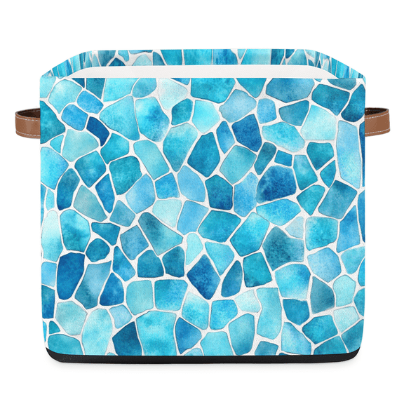CURLYOOT 13 x 13 Inch Cube Storage Bin, Abstract Fabric Storage Cube Baskets, Teal Blue Marble Closet Shelves Foldable Bins with Leather Handles for Home Organizer