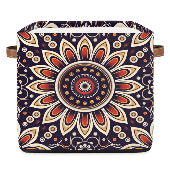 CURLYOOT 13 x 13 Inch Cube Storage Bin, Abstract Flower Fabric Storage Cube Baskets, Boho Mandala Closet Shelves Foldable Bins with Leather Handles for Home Organizer