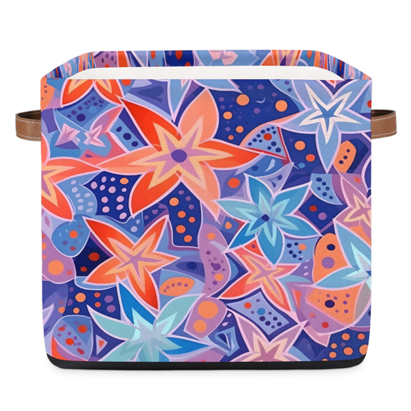 CURLYOOT 13 x 13 Inch Cube Storage Bin, Abstract Flowers Fabric Storage Cube Baskets, Boho Ethnic Closet Shelves Foldable Bins with Leather Handles for Home Organizer