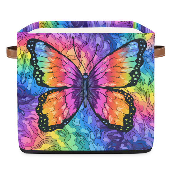 CURLYOOT 13 x 13 Inch Cube Storage Bin, Abstract Rainbow Butterfly Fabric Storage Cube Baskets, Closet Shelves Foldable Bins with Leather Handles for Home Organizer