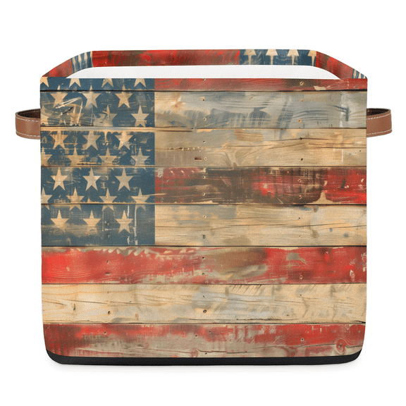 CURLYOOT 13 x 13 Inch Cube Storage Bin, American Flag Vintage Fabric Storage Cube Baskets, Closet Shelves Foldable Bins with Leather Handles for Home Organizer