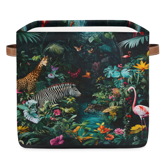 CURLYOOT 13 x 13 Inch Cube Storage Bin, Animal Forest Wildlife Giraffe Flamingo Fabric Storage Cube Baskets, Closet Shelves Foldable Bins with Leather Handles for Home Organizer